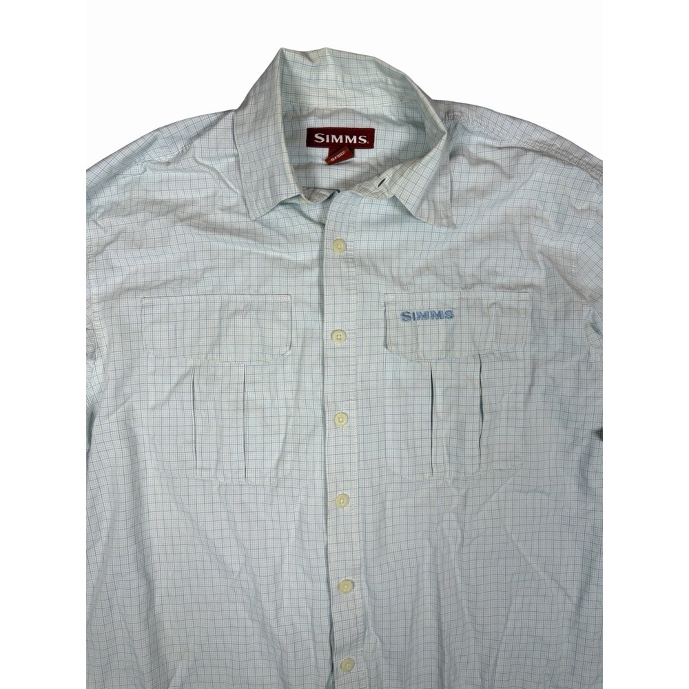 Simms Mens M Fly Fishing Shirt Blue Plaid Long Sleeve Button Up Pockets Cotton